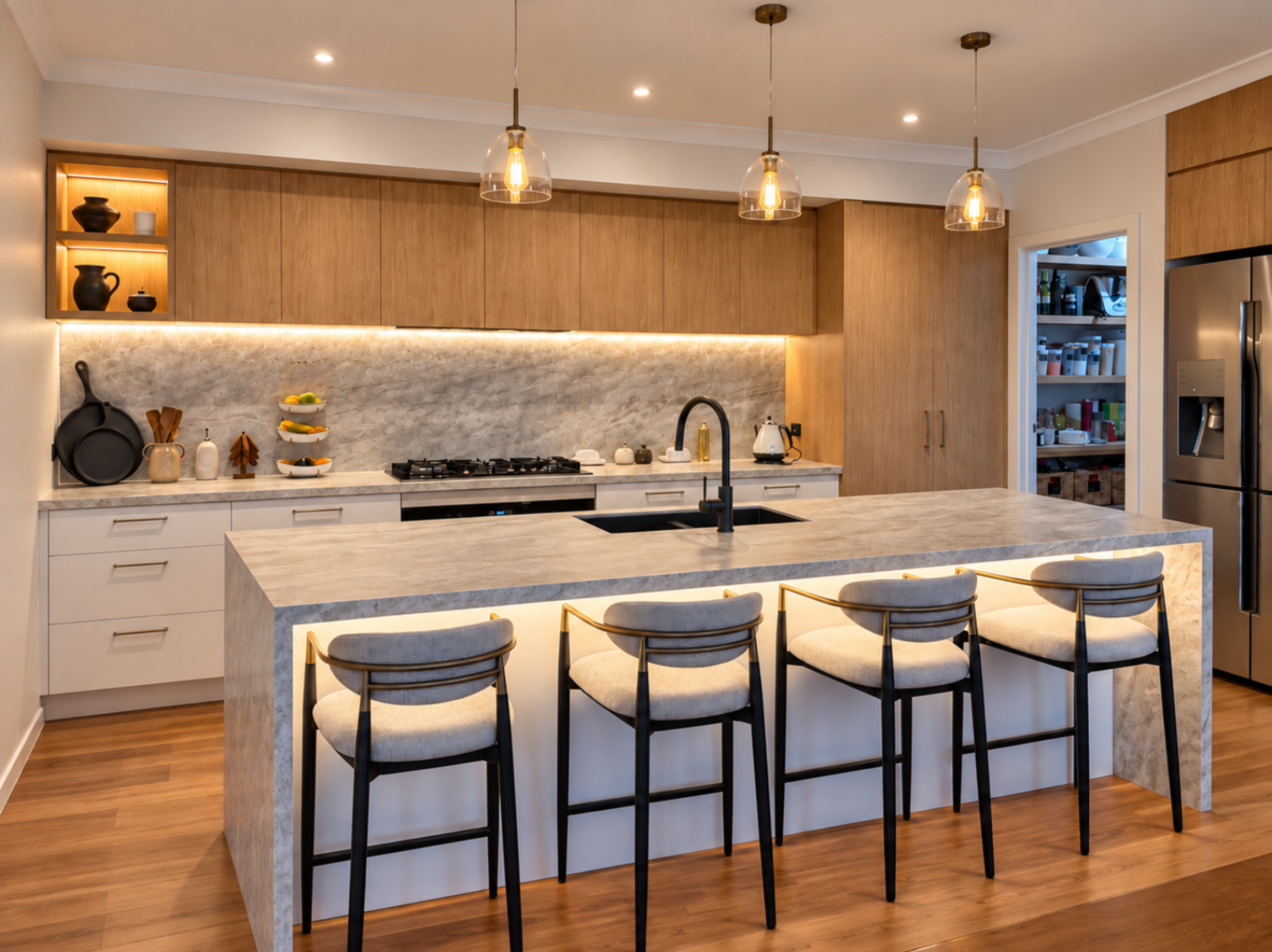 Custom black kitchen cabinets with grey island made by Cabco Kitchens